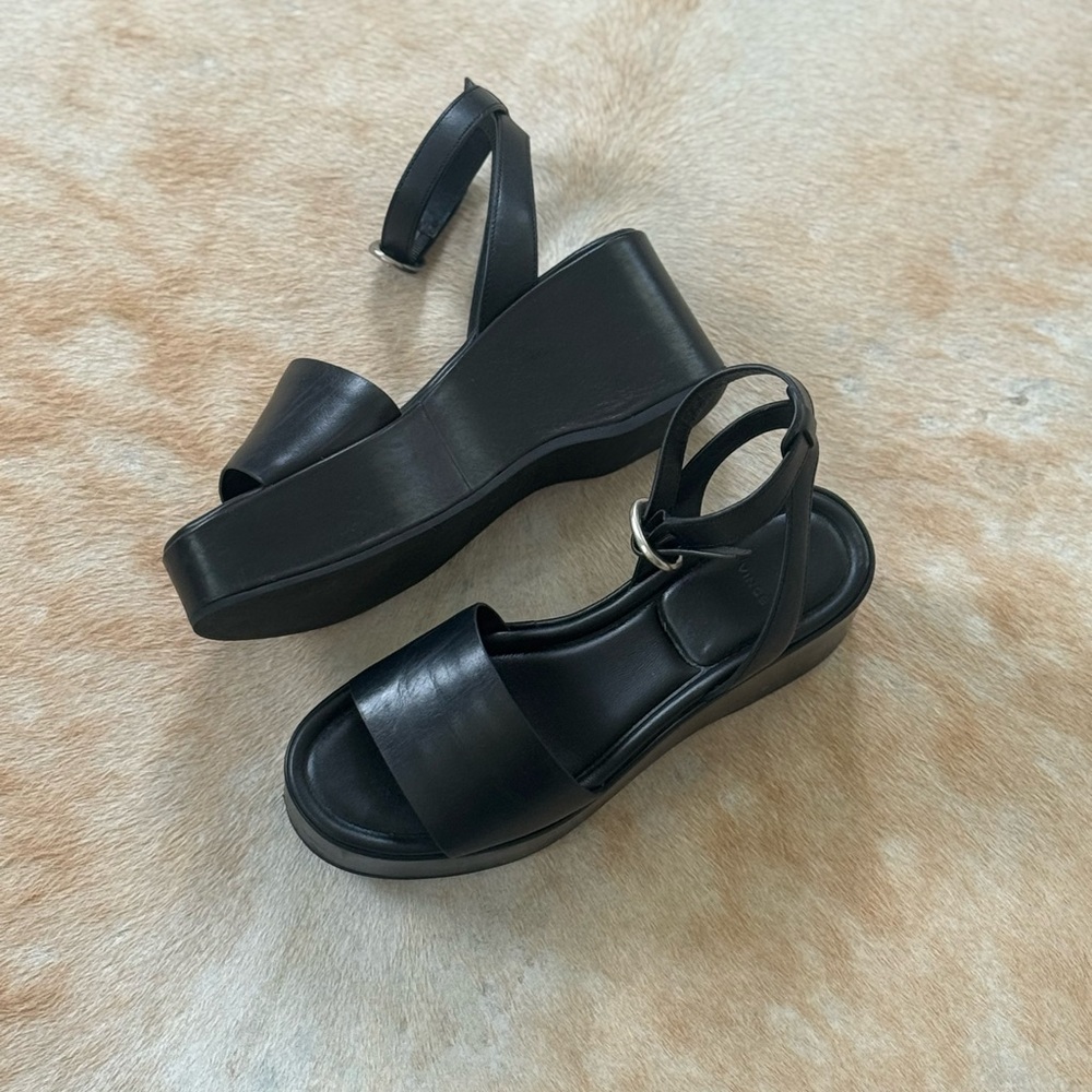 Vince Platform Black Leather Ankle Strap Sandals